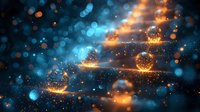 Magical glowing particles with orange and blue bokeh effects create ethereal atmosphere against dark background, cosmic abstract design for creative projects.