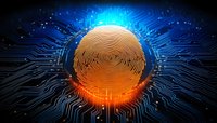 Digital fingerprint scan on circuit board background with glowing blue and orange light effects for cybersecurity and biometric authentication technology.