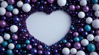 Heart shape formed by colorful pearl beads and glitter on dark background, romantic festive composition in purple, white and turquoise tones.