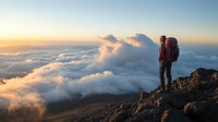 Young male hiker with backpack standing on mountain peak above clouds at sunset, contemplating majestic view of dramatic cloudscape and golden sky.
