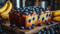 Fresh blueberry banana bread loaf topped with ripe berries on wooden cutting board, close-up view showing moist texture and golden crust. Homemade baking concept.