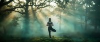 Young Asian woman practicing yoga tree pose in misty forest with dramatic sunbeams filtering through ancient oak trees creating peaceful meditation atmosphere.