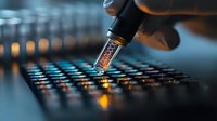 Macro shot of soldering electronic circuit board with precision tool, glowing LED lights create futuristic atmosphere against dark background. For technology concepts.