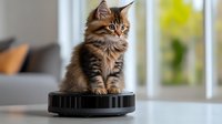 Fluffy Maine Coon kitten with brown tabby fur sitting on robotic vacuum cleaner, looking curious against blurred home interior background.