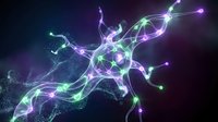Glowing neural network with electric synapses firing in purple and green light against dark background for neuroscience and brain research concepts.