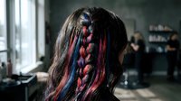 Woman with long dark hair featuring vibrant red and blue braided sections, shown from behind in an indoor salon setting with blurred background.