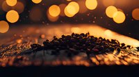 Roasted coffee beans scattered on dark surface with warm golden bokeh lights in background, creating atmospheric mood for coffee shop marketing.