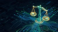 Digital scales of justice with glowing circuit board patterns representing legal technology, cyber law, and digital jurisprudence concepts.