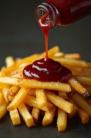Pouring red ketchup sauce from glass bottle onto stack of crispy golden french fries, close-up macro shot on dark background showing texture and shine.