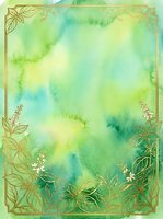 Watercolor background with soft green and yellow tones, featuring golden botanical line art borders and delicate floral corner elements. Suitable for invitations, greeting cards, and design projects.