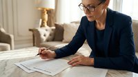 Professional mature businesswoman in glasses reviewing financial documents at home office desk wearing navy blue suit jacket.