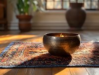Tibetan singing bowl on ornate carpet in sunlit meditation room with warm golden light streaming through windows creating peaceful spiritual atmosphere.
