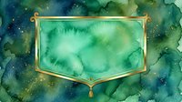 Watercolor emerald green and teal abstract background with gold ornate frame banner, suitable for invitations, certificates, and design projects.