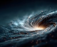 Cosmic spiral galaxy with glowing particles and stardust creating dynamic swirling motion against dark space background for astronomy and science concepts.
