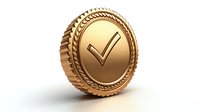 Golden metallic coin with checkmark symbol on isolated background, featuring decorative rope border and ribbed edge detail. For business achievement concepts.