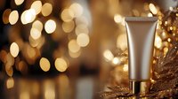 Luxury cosmetic cream tube on golden bokeh background with glitter and sparkles, elegant skincare product mockup for beauty and spa marketing.