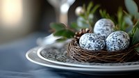 Decorative Easter eggs with delicate black and white patterns nestled in natural twig nest on vintage plate with fresh greenery, creating elegant spring table setting.