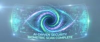 AI-driven security biometric scan complete with futuristic eye scanner interface displaying holographic data visualization for cybersecurity applications.