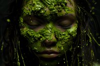 Mystical female face covered in green moss and leaves, eyes closed in serene expression against dark background, representing nature and fantasy concept.