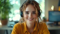 Young blonde woman wearing headphones and yellow shirt smiling at camera in modern office workspace with computer and plants in background.