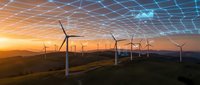 Wind turbines generating renewable energy at sunset with digital grid overlay representing smart technology and sustainable power infrastructure.