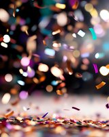 Colorful confetti falling against dark background with bokeh lights creating festive atmosphere. Celebration backdrop for party, anniversary or special event designs.