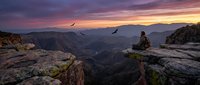 Hiker sitting on rocky cliff overlooking vast mountain valley at sunset with flying birds, dramatic golden and purple sky, nature landscape for travel and adventure themes.
