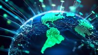 Digital globe with glowing green continents and network connections on dark background, technology concept showing worldwide digital transformation and connectivity.