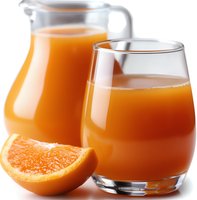 Fresh orange juice in glass and pitcher with cut citrus fruit slice on white background, healthy natural drink for breakfast and vitamin boost.