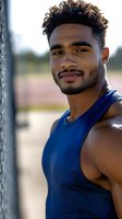 Young African American male athlete in blue tank top smiling confidently outdoors during training session. Athletic lifestyle and fitness concept.