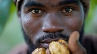 Close up portrait of young African man holding fresh walnuts in shell outdoors. Natural light highlights sweat drops on dark skin against green blurred background.