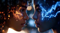 Mystical portrait of two faces in profile with glowing fire and ice effects, magical particles and energy streams creating ethereal atmosphere against dark background.