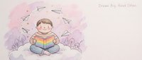 Young boy reading colorful book surrounded by paper airplanes in dreamy watercolor illustration for children's education and learning concepts.