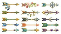 Decorative arrows with feather, floral, and geometric designs in earthy tones and jewel colors. Isolated clipart elements ready for crafts, invitations, and design projects.
