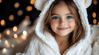Young girl wearing cozy white teddy bear hood smiling warmly against blurred bokeh lights background, expressing joy and innocence in winter season.