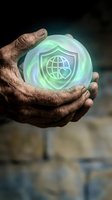 Elderly hands protecting glowing green shield with globe and heart symbol representing global care, environmental protection and worldwide security concept.