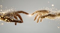 Ethereal hands reaching towards each other with golden glowing particles, symbolizing connection, creation, and divine touch against soft gray background.