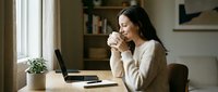 Young Asian woman enjoying coffee while working on laptop at home office desk by window with natural light creating peaceful morning work atmosphere.