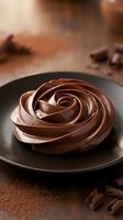 Creamy chocolate frosting swirled in rose shape on dark plate with cocoa powder and chocolate pieces for baking and dessert decoration.