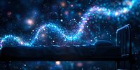 Magical glowing particles float above sleeping person in bed, creating ethereal swirling pattern against dark background with stars and bokeh lights. Dreamlike scene.