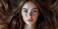Close up portrait of young woman with bright blue eyes, freckles and flowing brown hair spread out against dark background, natural beauty makeup look.