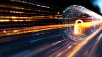 Glowing padlock icon in digital tunnel with streaming light trails and binary code sphere represents cybersecurity and data protection in modern network.