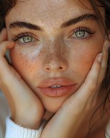 Close-up portrait of young woman with natural freckles, green eyes and coral lips holding face in hands, wearing white sweater. Soft natural lighting creates warm mood.
