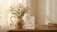 Vintage floral arrangement with white daisies and blush roses in ceramic pitcher beside happy birthday greeting card on wooden table.