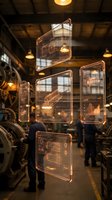Futuristic holographic interface displays floating in industrial factory setting with warm lighting and machinery background for technology concepts.