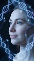 Woman with light skin tone and blue eyes surrounded by glowing DNA helix structures, representing genetic research, biotechnology, and scientific innovation in healthcare and medicine.