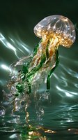Luminous jellyfish formed from liquid glass in emerald green and amber colors floating gracefully against dark water background with light rays streaming through.
