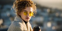 Young woman with curly hair wearing yellow sunglasses and cozy coat holding coffee cup outdoors with blurred urban background.