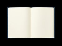 Open hardcover notebook with blank cream pages and navy blue cover, isolated on transparent background. Ready for sticker, clipart, and print on demand use.