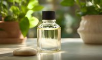 Clear glass bottle with essential oil or aromatherapy liquid on table with smooth stone, green plants in background for wellness and spa concept.